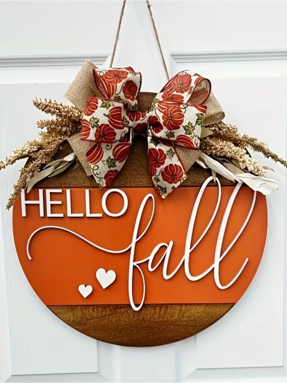 “Hello Fall”Round Wooden Sign with White Script and Bow - Picture 2 of 7